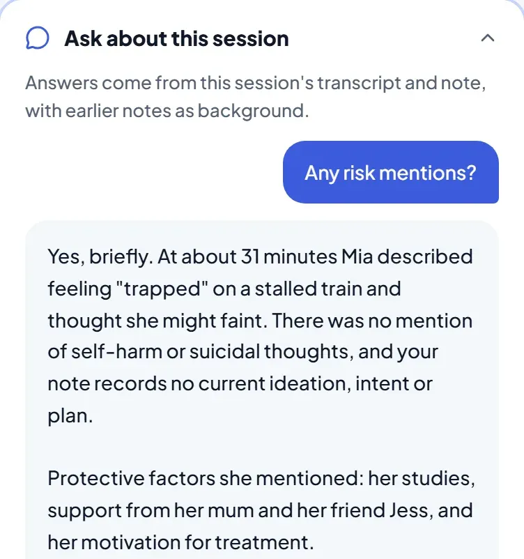 Ask Grounded Scribe answering a question about a session (demo data)