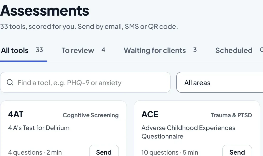 The assessments library: validated tools, each ready to send (demo data)