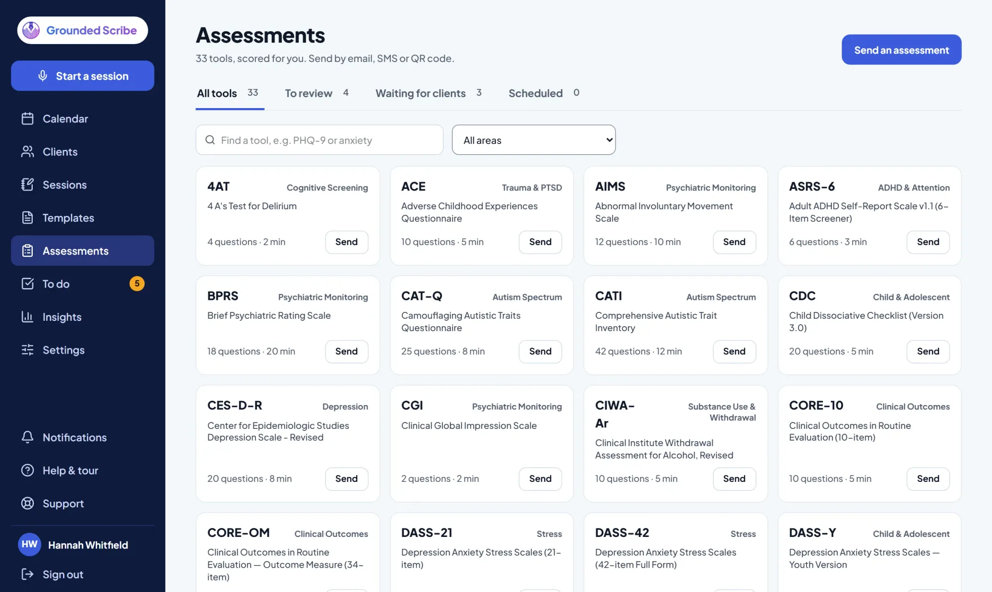 The Assessments page: tools to send, results to review (demo data)