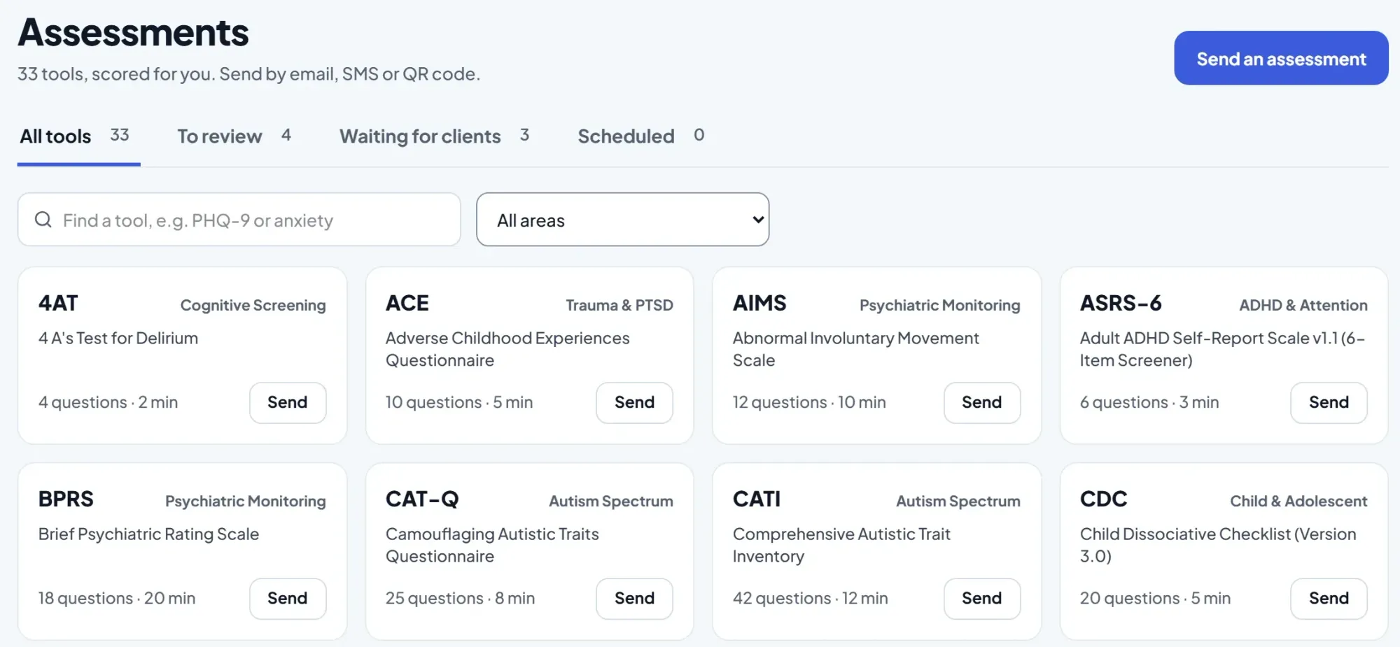 The Assessments screen: 33 tools, scored for you, ready to send (demo data)