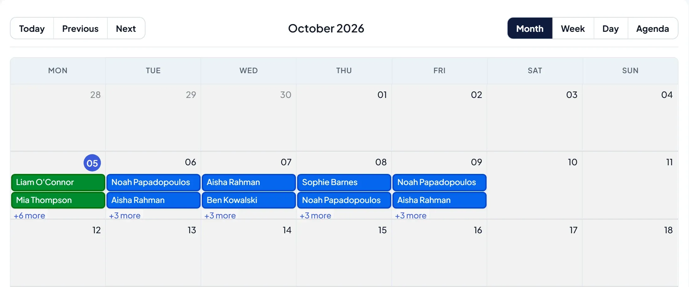 The calendar in month view with booked appointments (demo data)