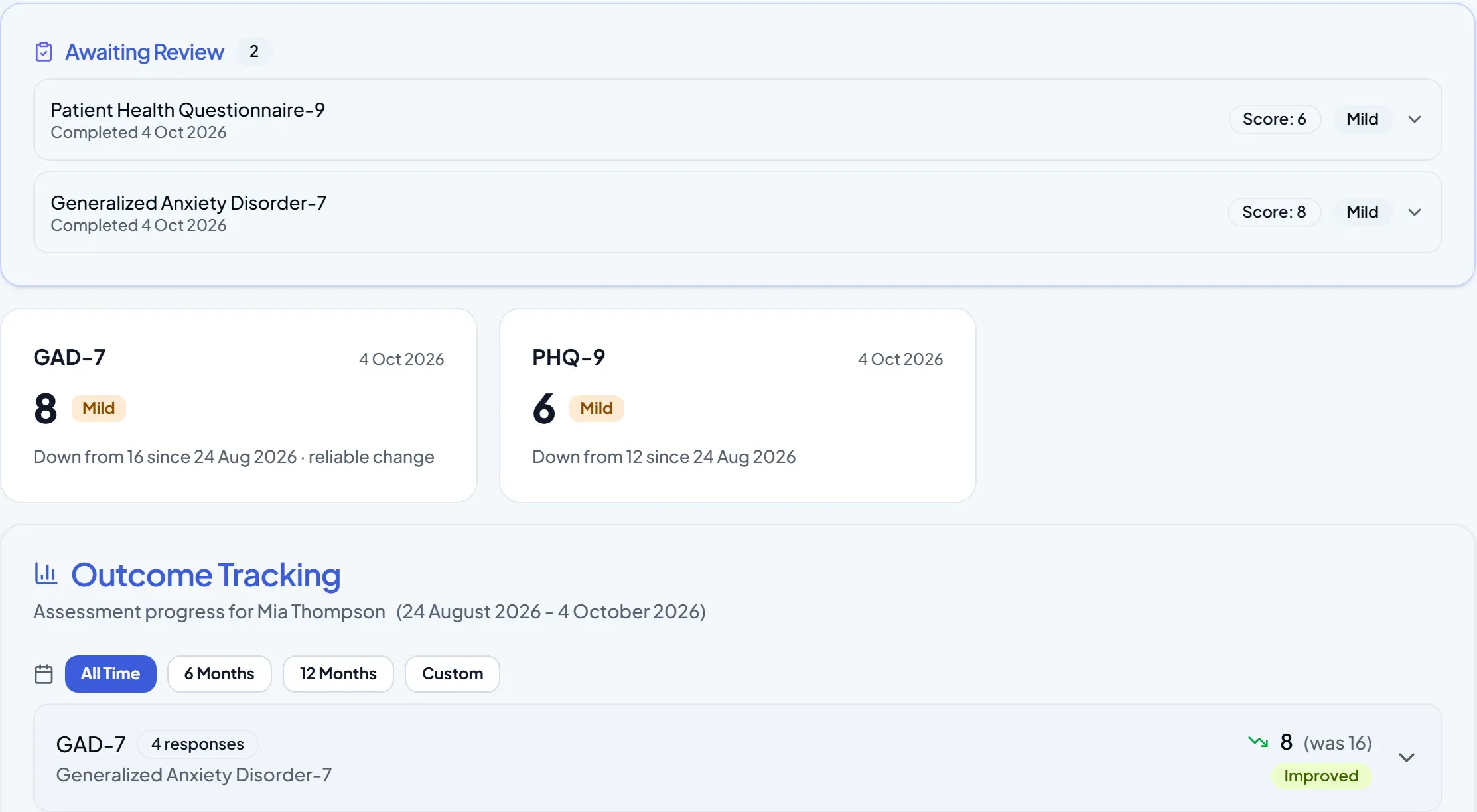 A client's assessment results: scores awaiting review, latest scores and outcome tracking (demo data)