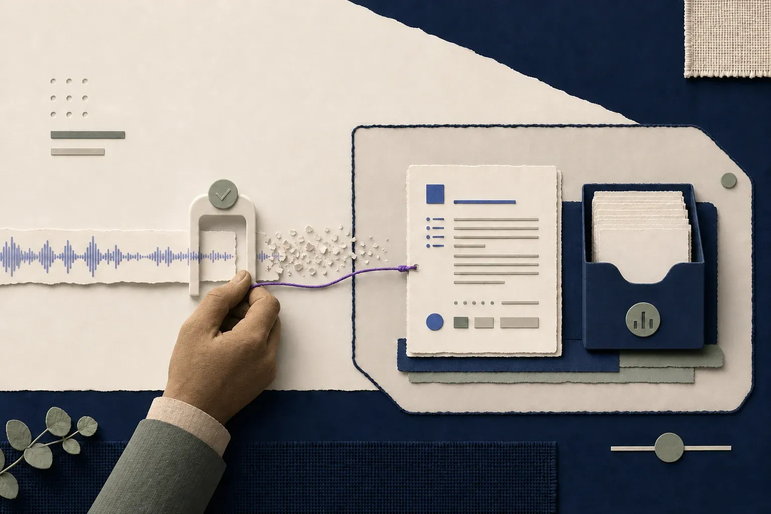A paper audio waveform ends as it becomes a reviewed text record, while the record continues into protected storage.