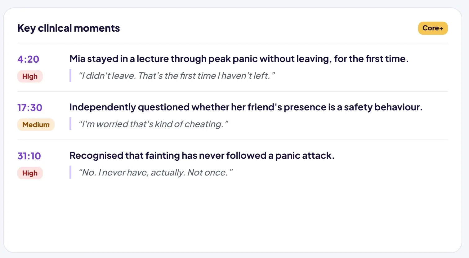 Key clinical moments card with timestamps and quotes, for a fictional client
