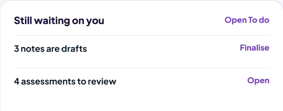 A related Workspace view, Insights: what is still waiting on you, drafts to finalise and assessments to review (demo data)