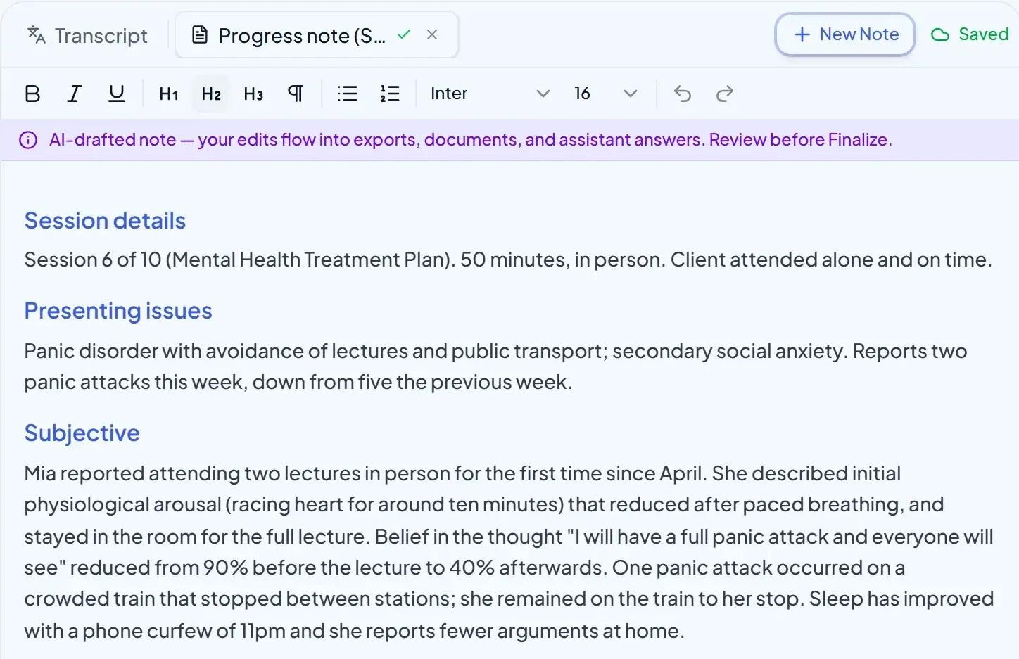 A drafted session note in Grounded Scribe (demo data)