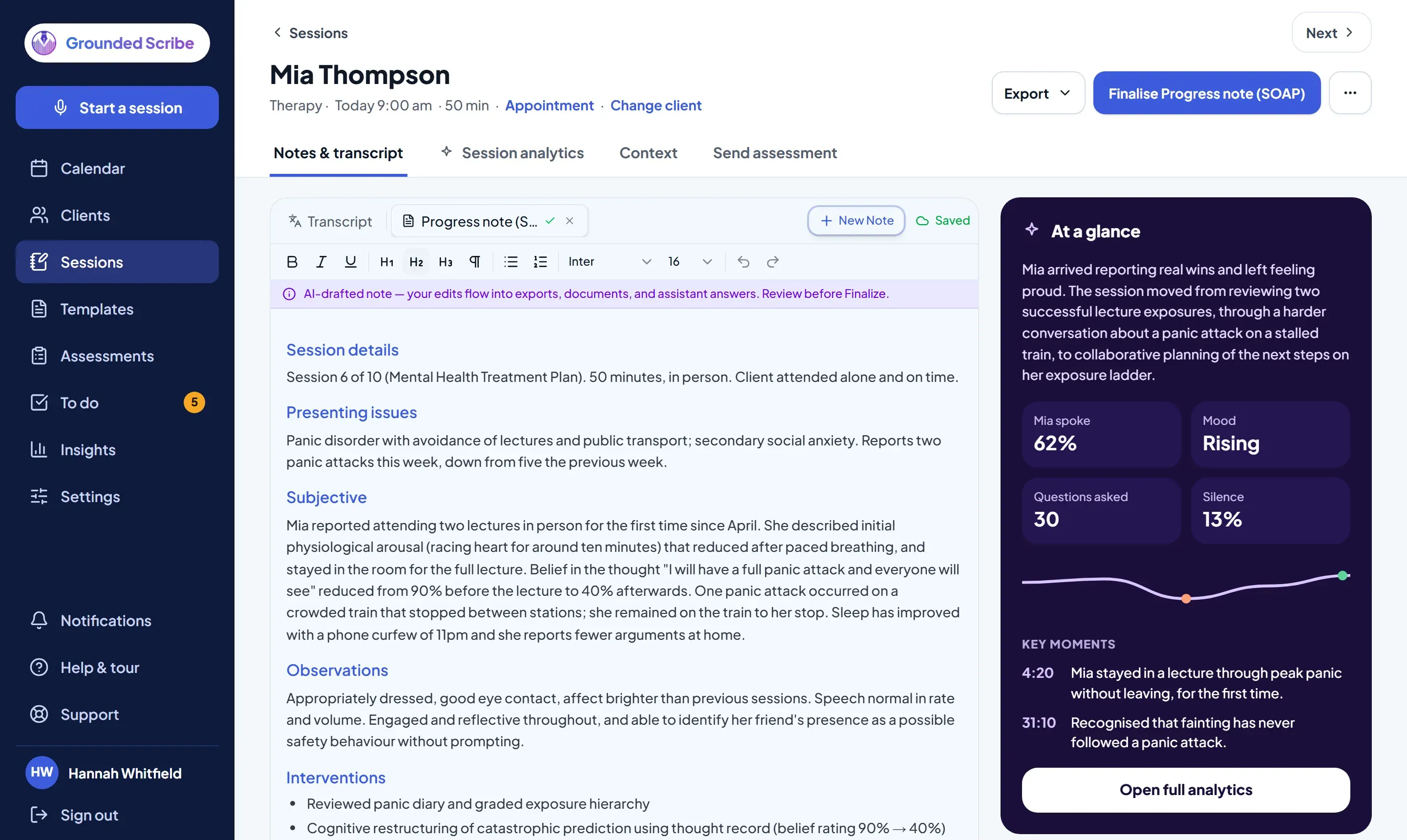 Session page with an AI-drafted SOAP note and an At a glance summary for a fictional client