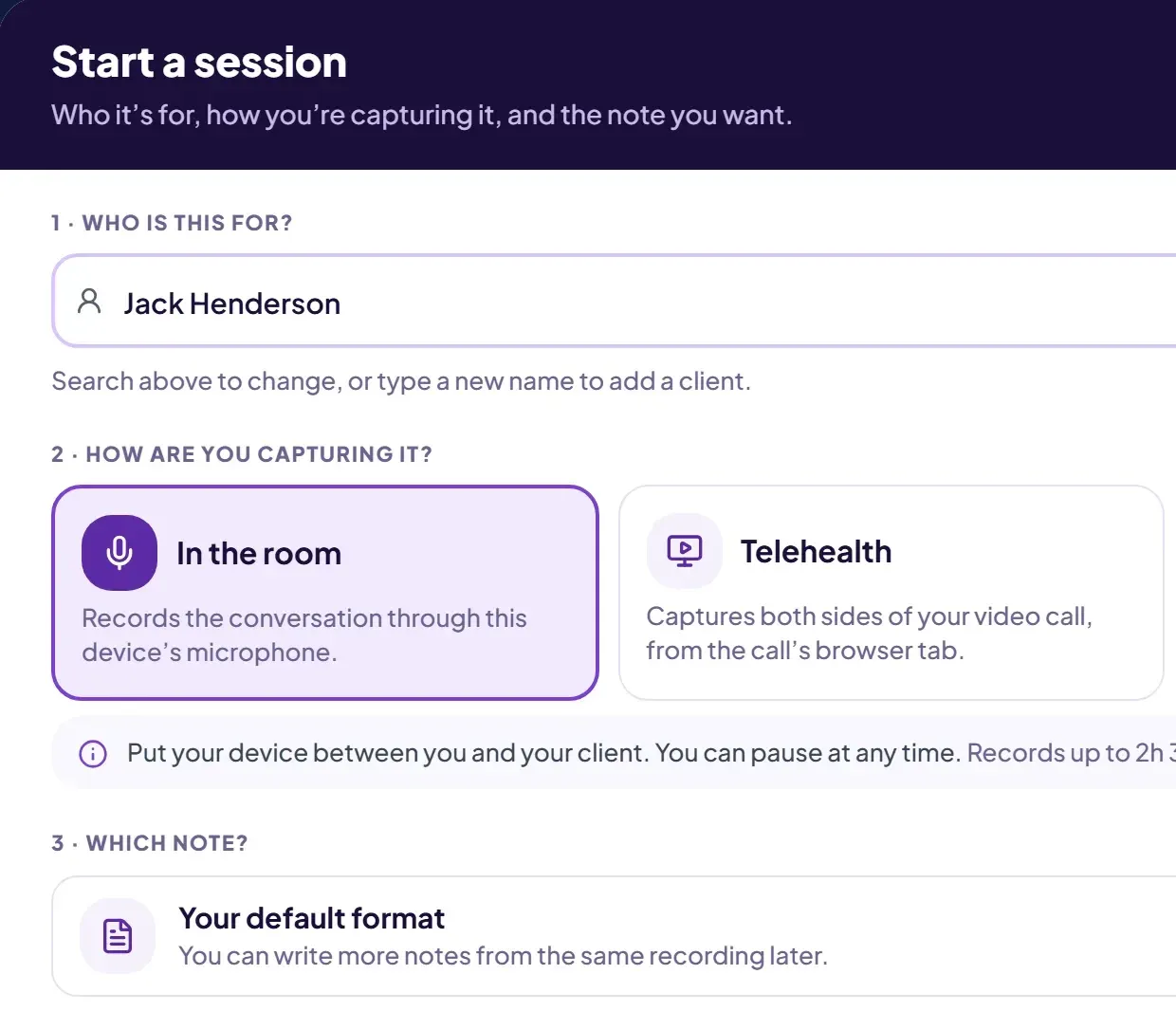 The Start a session dialog: who it is for and how you are capturing it (demo data)