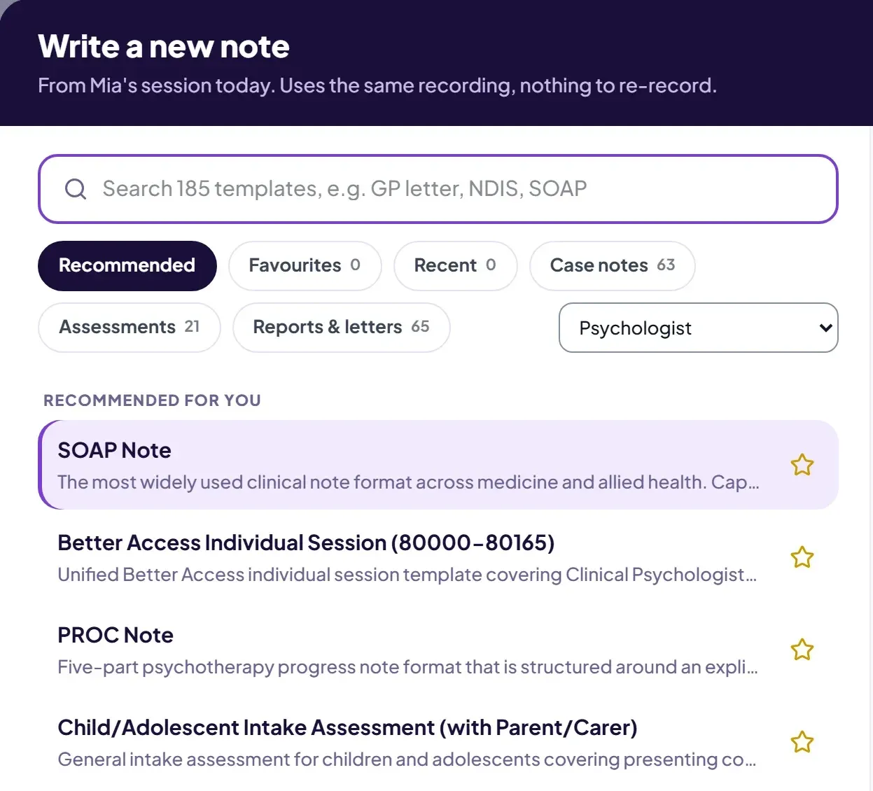 Searching and choosing a note template (demo data)
