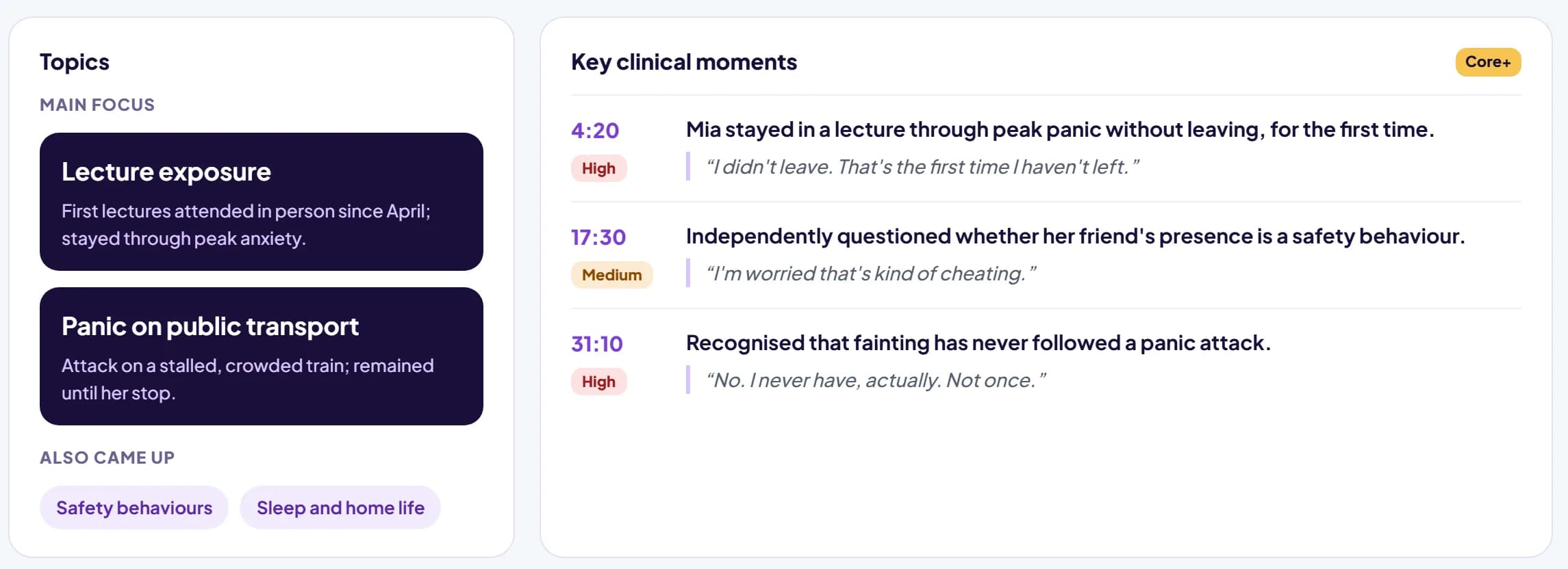 Topics and key clinical moments cards with timestamps and quotes, for a fictional client