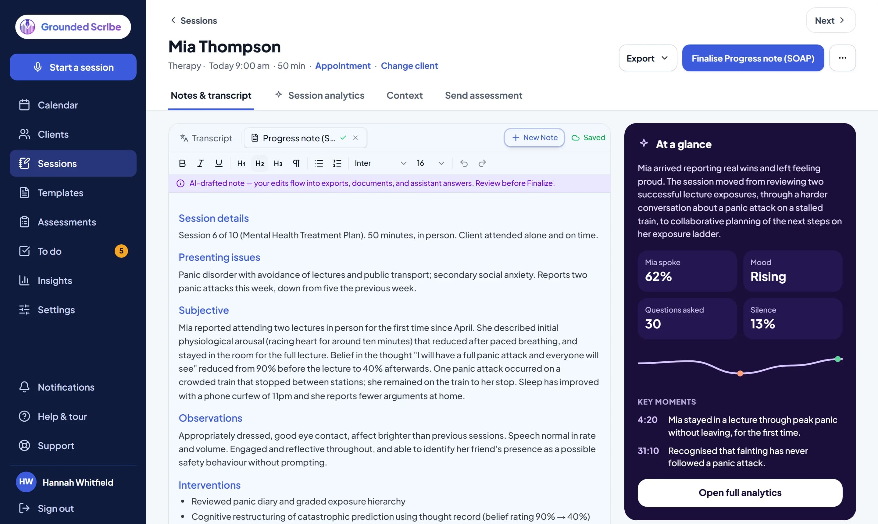 Session page with an AI-drafted SOAP note and an At a glance summary for a fictional client
