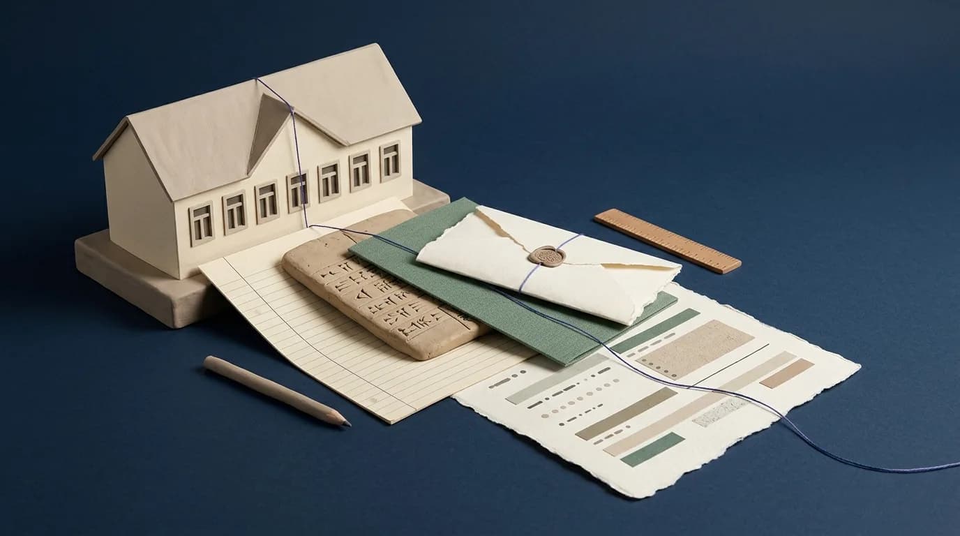 A paper-and-clay school building and several professional records connected by one indigo thread.