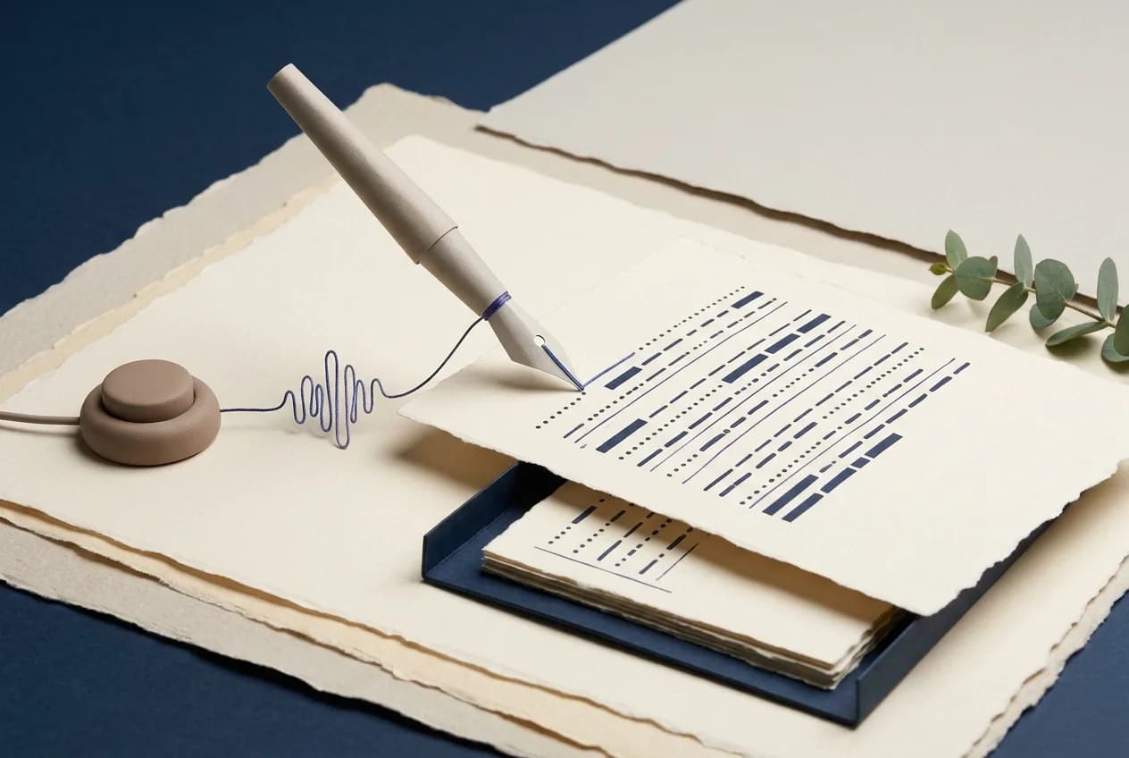 Paper-craft scene of a spoken waveform threading through a fountain-pen nib that writes a structured note, with finished pages stacked in a tray below.