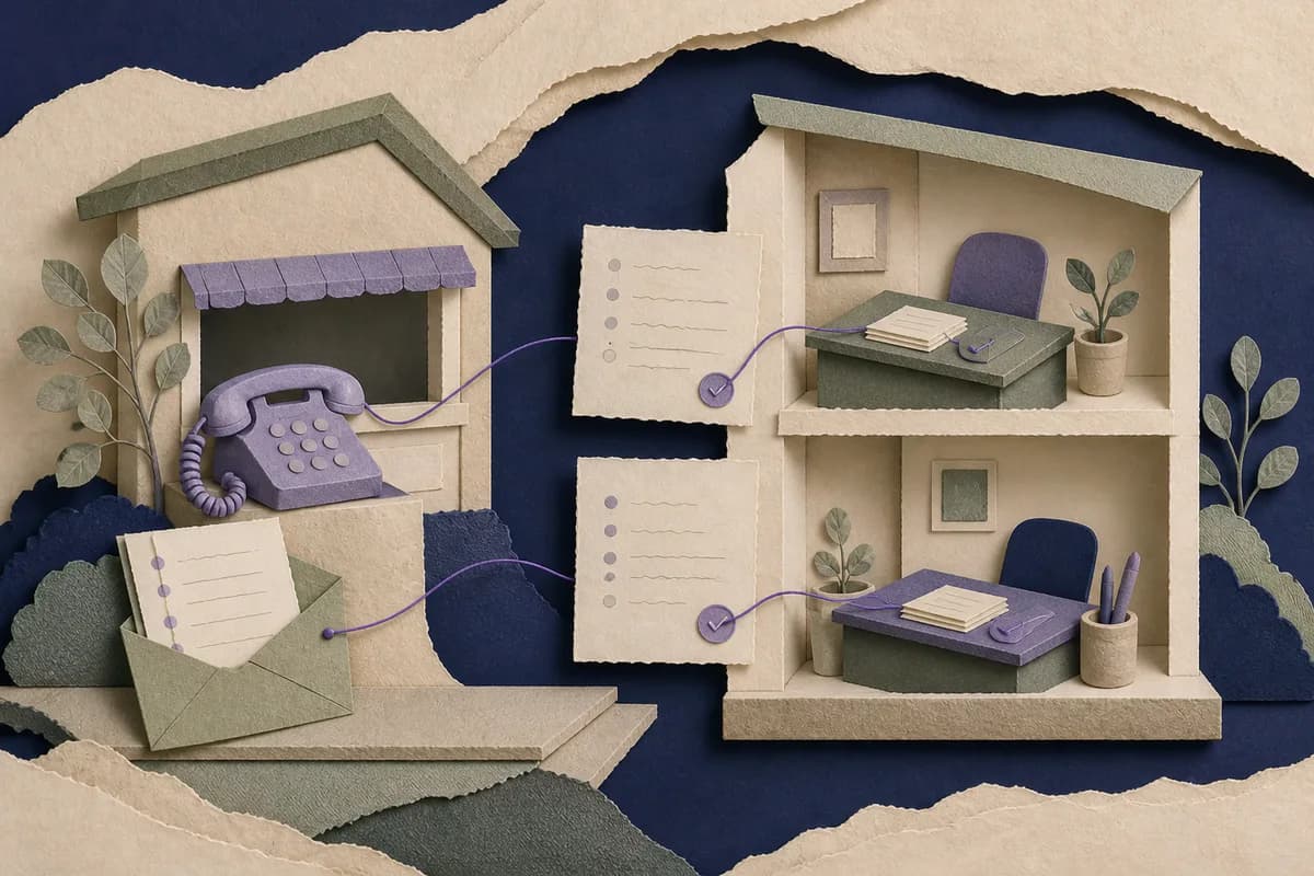 Paper-crafted clinic reception, practitioner rooms and call records connected through a coordinated response workflow.