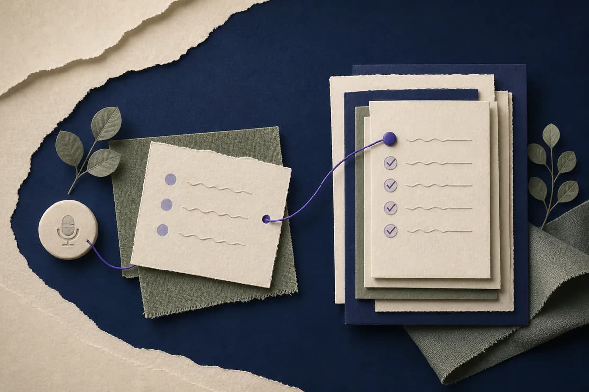 Paper-crafted conversation, reviewable note and approved document connected through one documentation workflow.