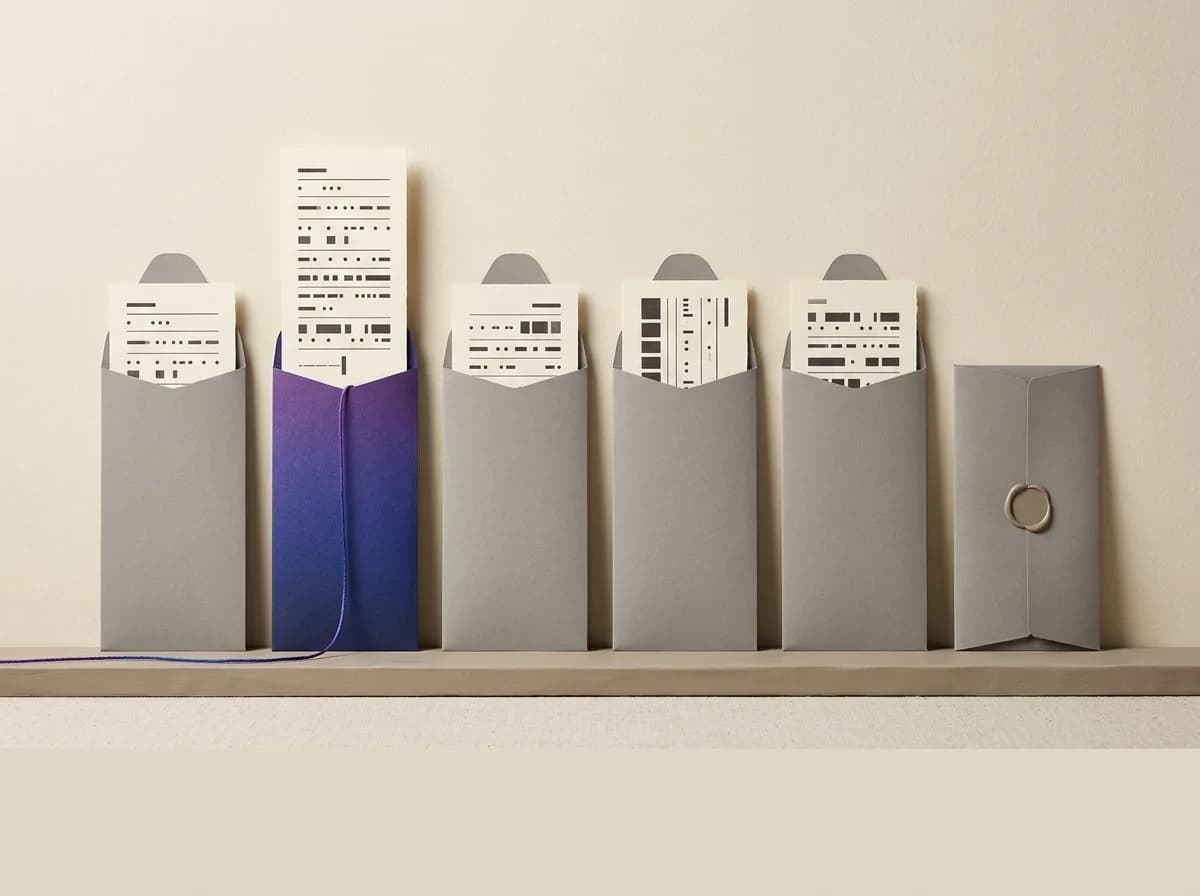 Five paper sleeves of different heights on a clay ledge: four stand open with their contents on show, one is sealed shut and shows nothing.