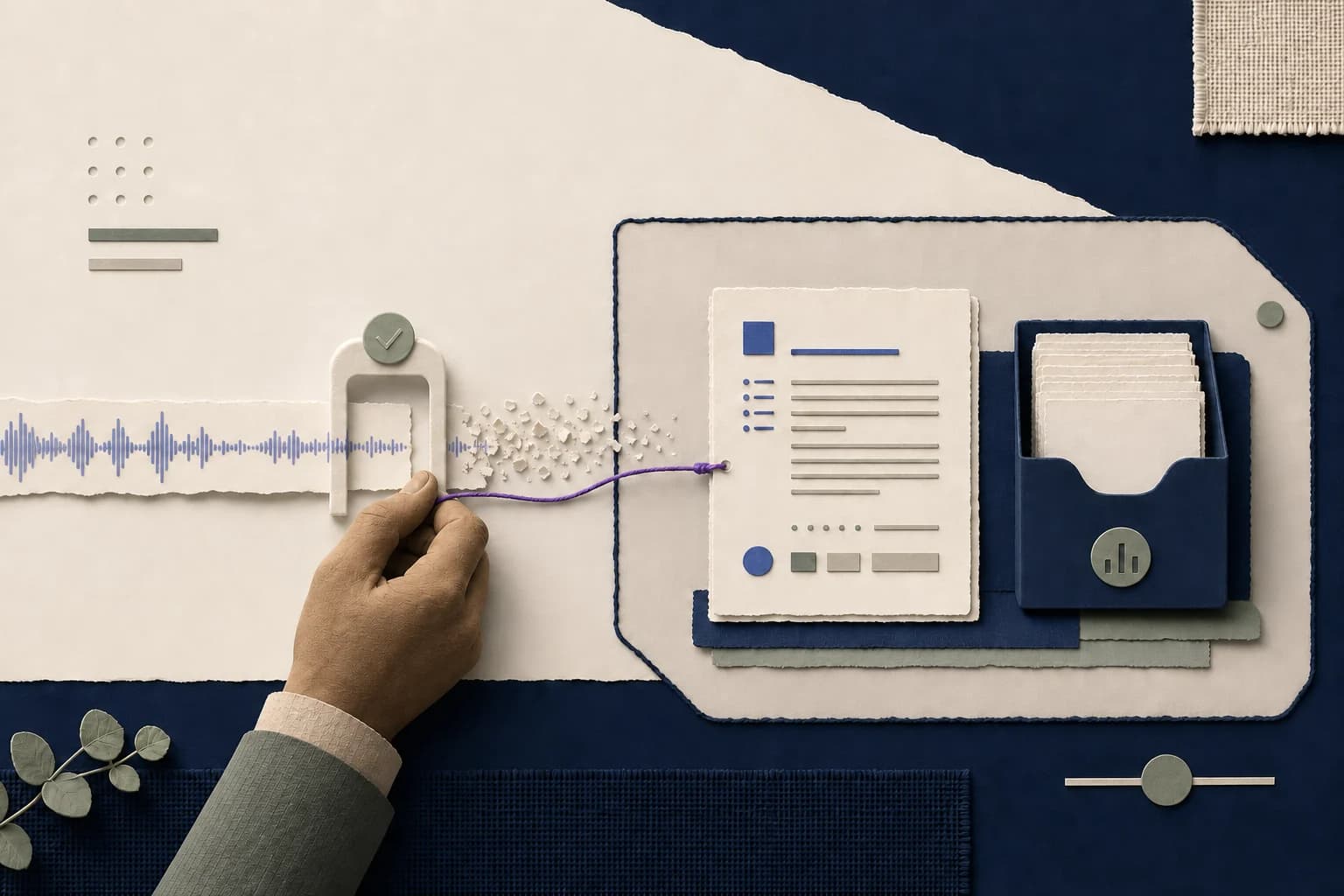 A paper audio waveform ends as it becomes a reviewed text record, while the record continues into protected storage.