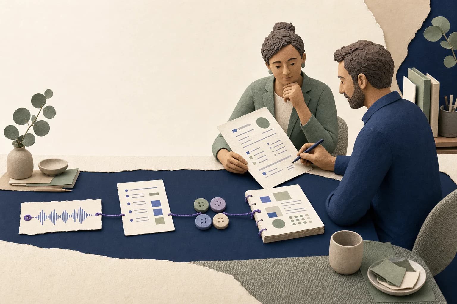 Two paper-and-clay professionals review one shared record connected to a conversation, learning plan, competency markers and progress report.