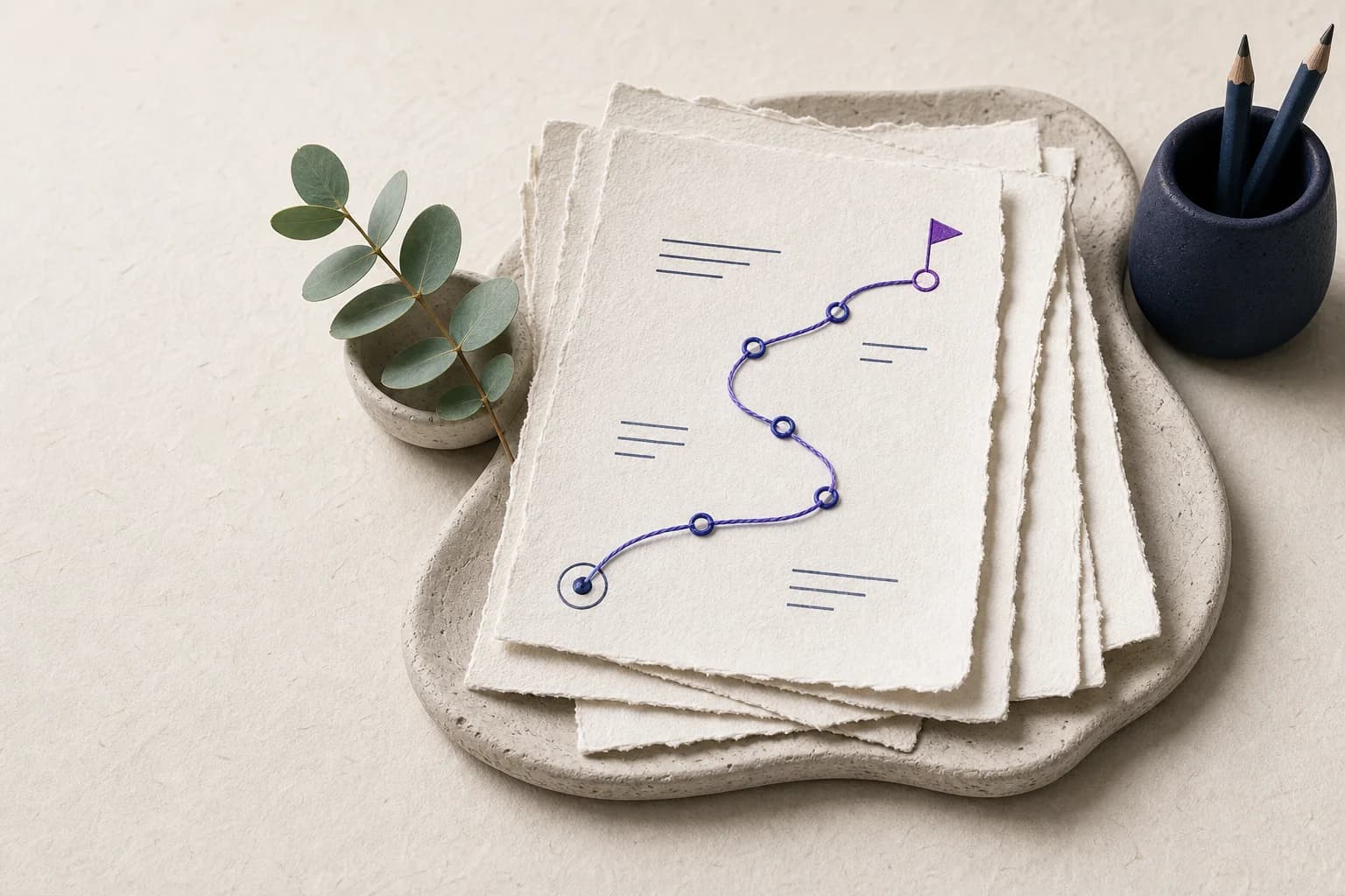 A tactile paper pathway connecting one starting point to a clear destination through four waypoints