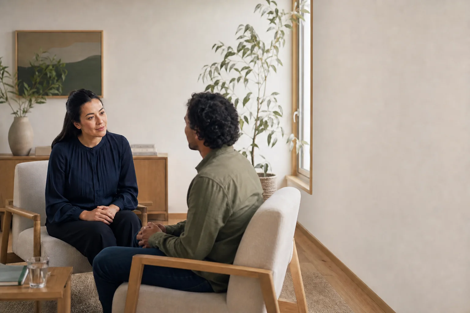 Illustrative professional listening attentively to a client in a consultation room