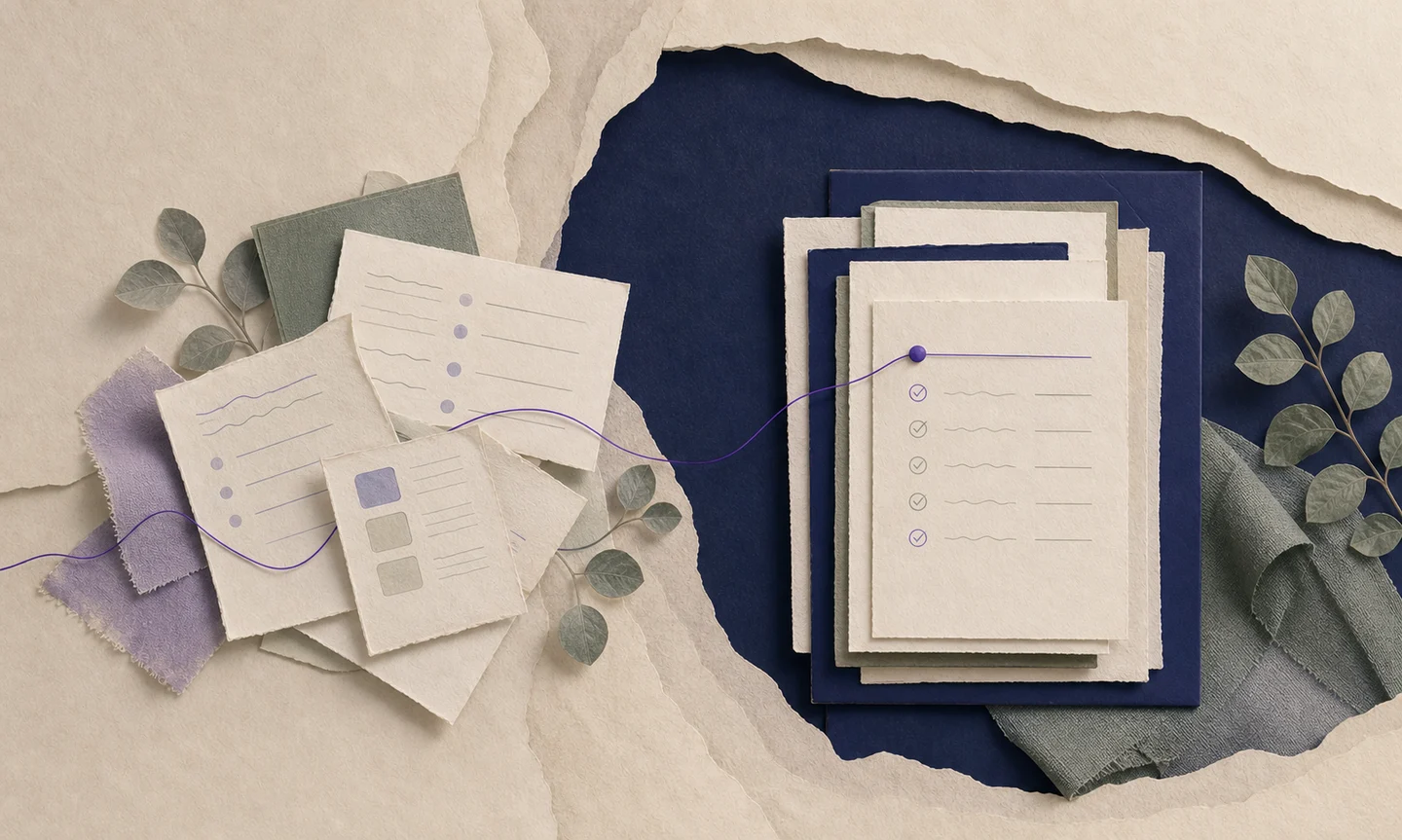 Layered paper records moving from loose starting points into an organised reviewable set