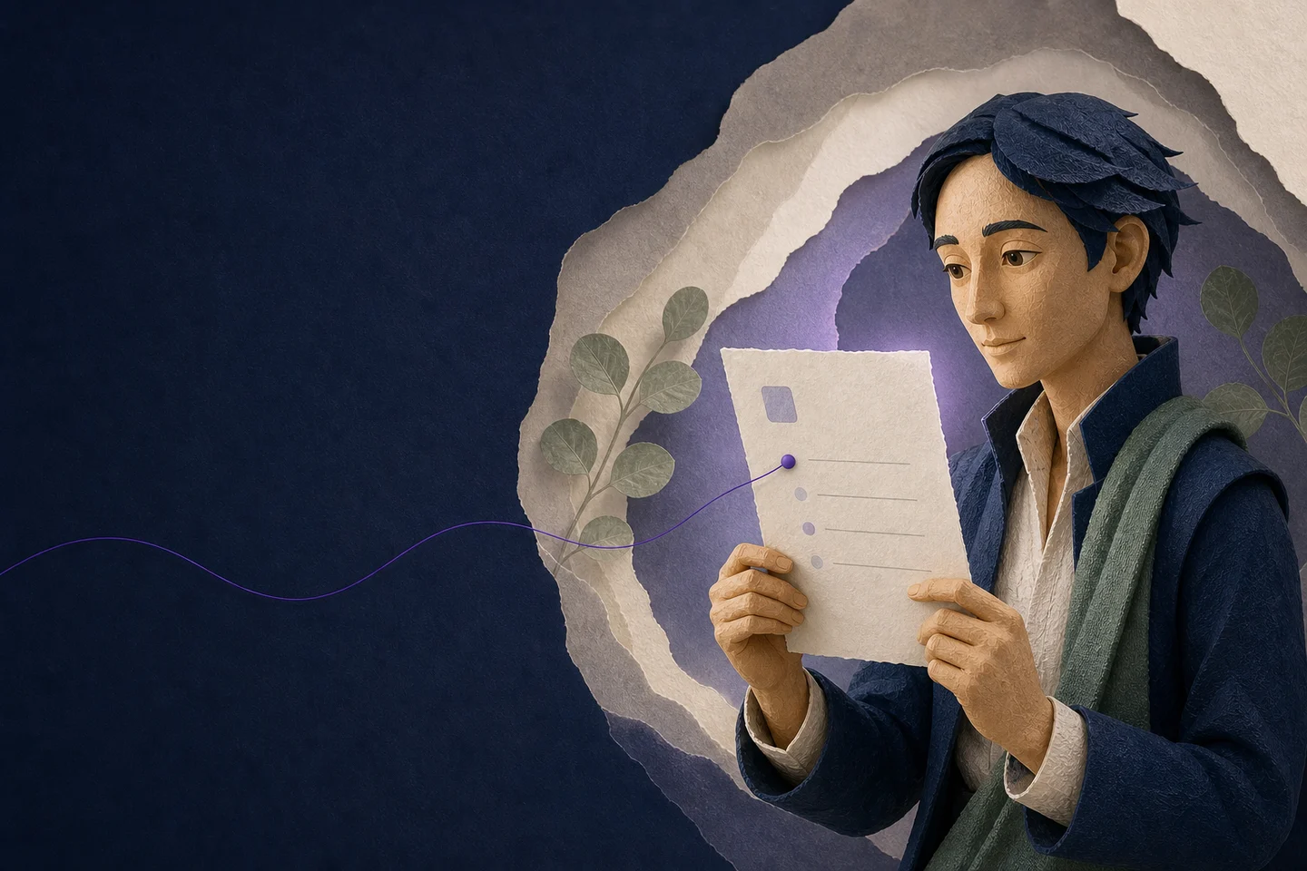 Illustrated paper-and-clay practitioner reviewing a source-linked record