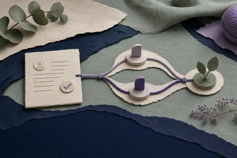 A tactile paper record branching into two paths before returning to one grounded workbench